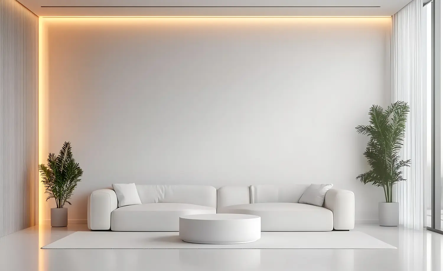 Modernes Wohnzimmerinterieur mit weißen Sofas und einer Klimaanlage an der Wand, Vorderansicht